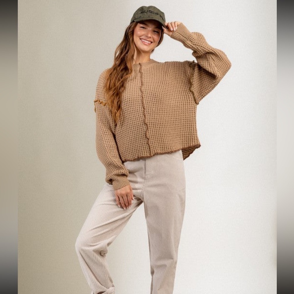 Very J Mocha Stitch Detail Casual Round Neck Sweater - Picture 4 of 6